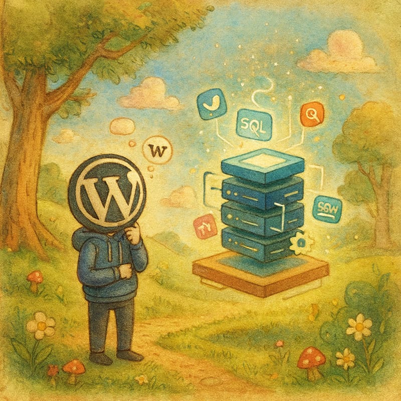 Wordpress character standing in front of database tower