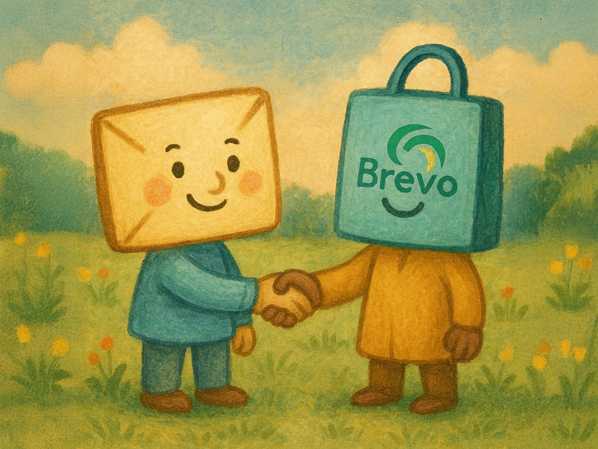 Letter faced character hand shaking Brevo logo headed character.