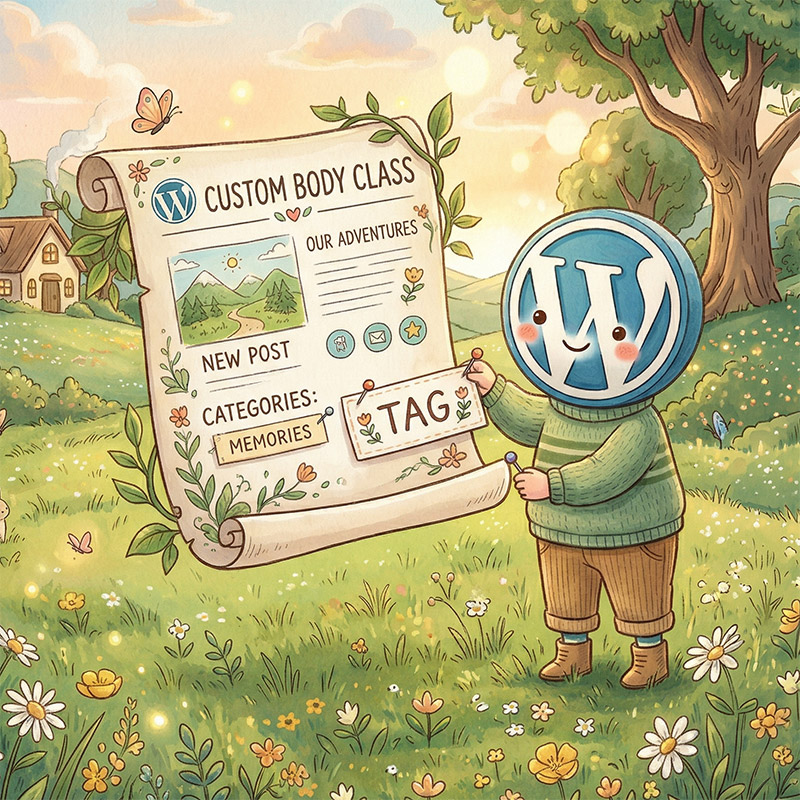 A whimsical watercolor-style illustration of a happy WordPress logo character in a pastoral meadow, attaching a 'TAG' button to a large floating scroll containing blog content, categories, and the text 'CUSTOM BODY CLASS'.