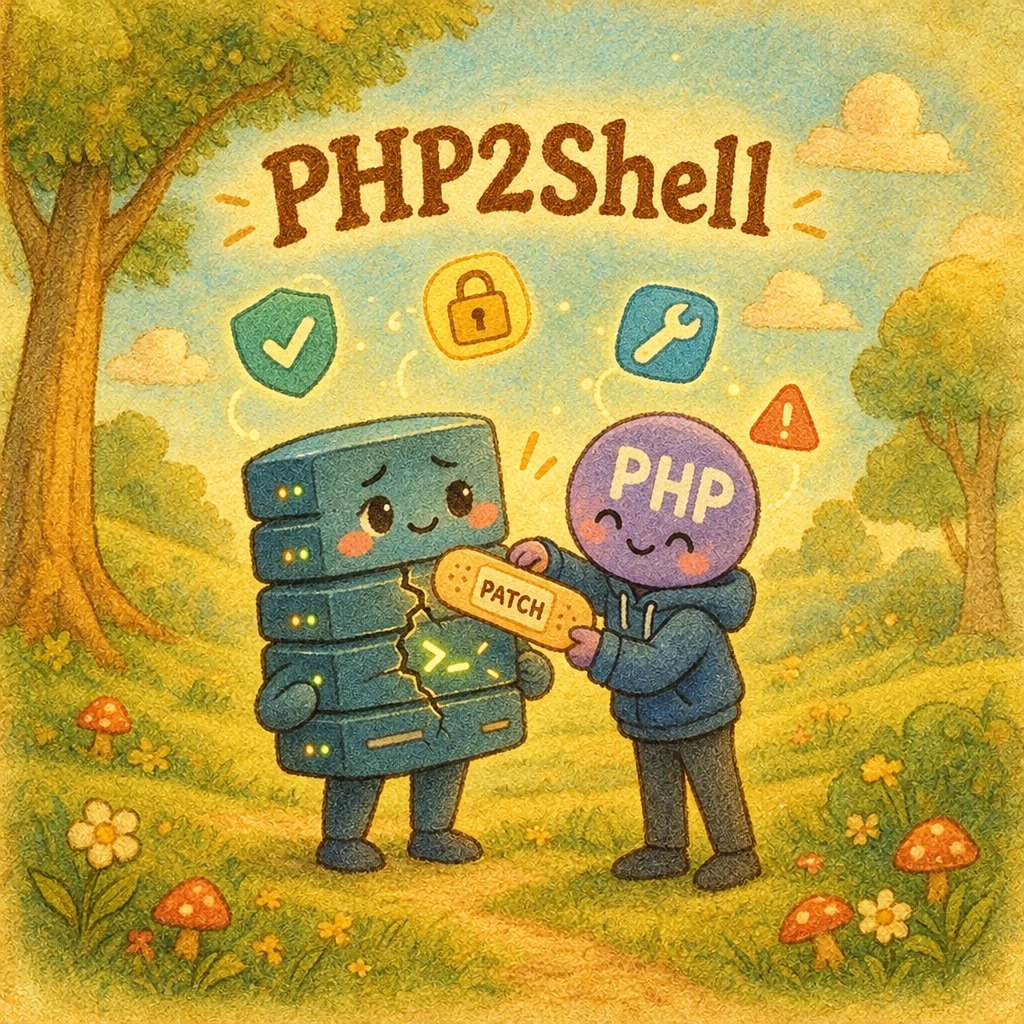 A whimsical watercolor-style illustration of a worried server character in a meadow while a friendly PHP-badge character places a PATCH bandage over a crack, under the title PHP2Shell.